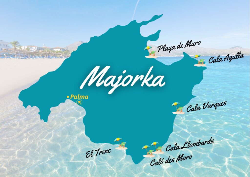 mapka z zaznaczonymi najpiękniejszymi plażami na Majorce